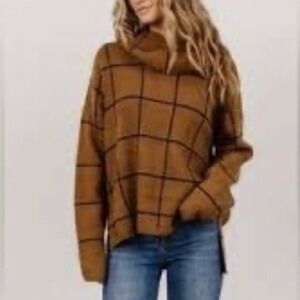 Baltic Born Birmingham Funnel Neck Sweater Brown Windowpane Plaid Large NEW